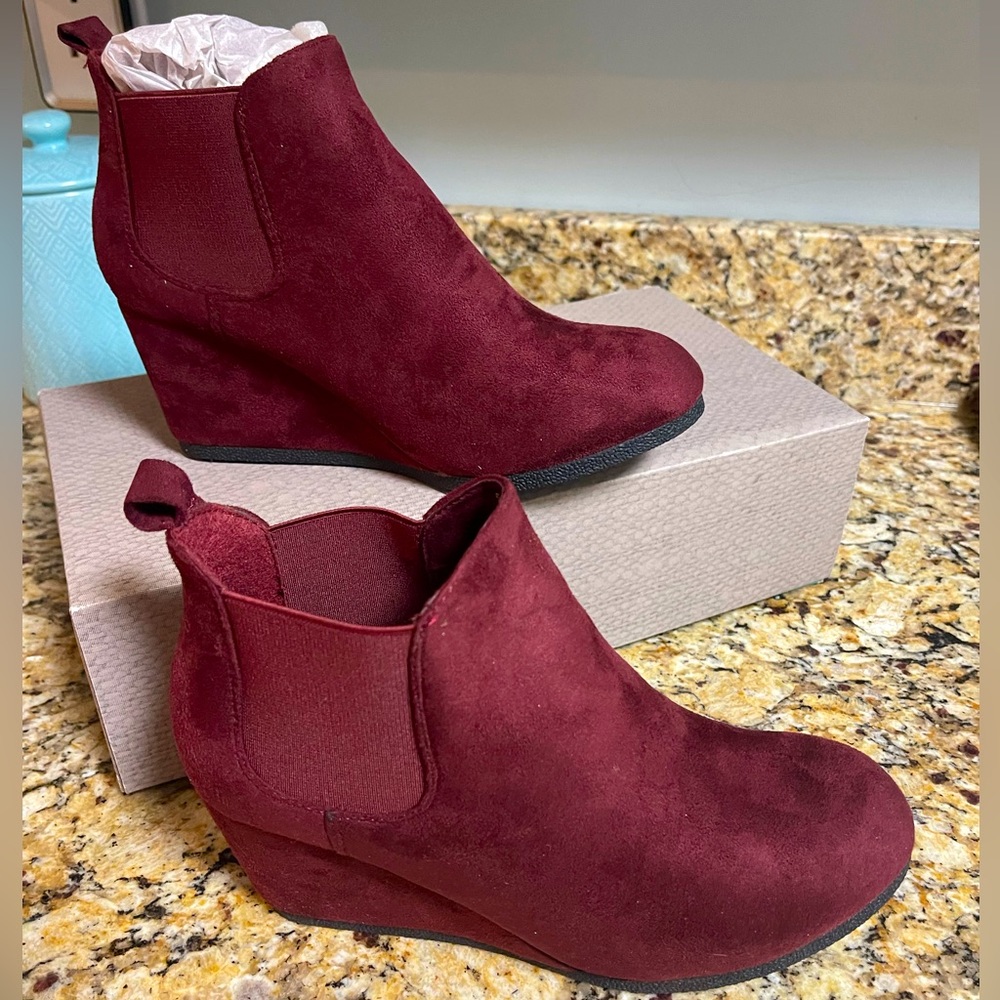 Burgandy Suade Wedge Booties (NWT in Box)
